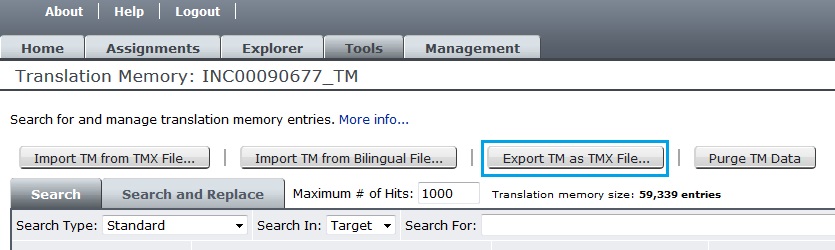 A view of the translation memory page with Export TM as TMX File... highlighted as the button to push