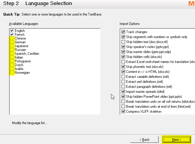 Build Textbase language selections