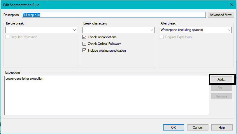 Trados Studio - How to add a segmentation exception for 