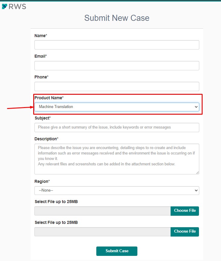 Fill in all the fields on this page, select as Product - Machine Translation