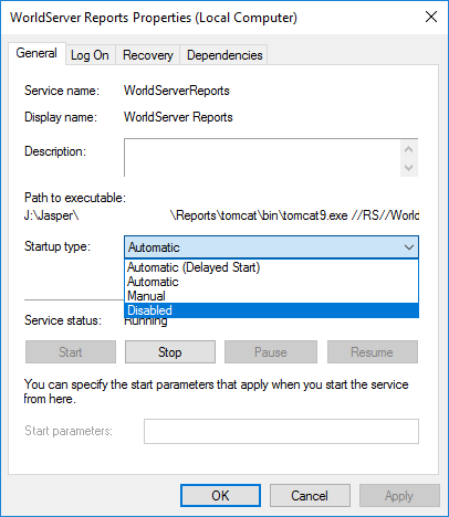 Disable Jasper Reports Service