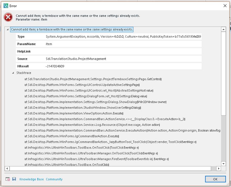 Error Message Cannot Add Item A Termbase With The Same Name Or The Same Settings Already Exists