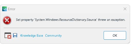 Задание свойства system windows resourcedictionary source вызвало исключение