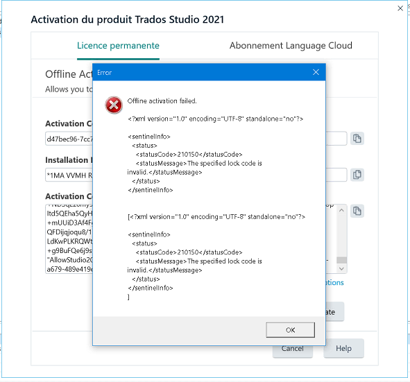 Error Message Activation Failed The Specified Lock Code Is Invalid When Trying To Activate A Single User License In Trados Studio 21 Sr2 22