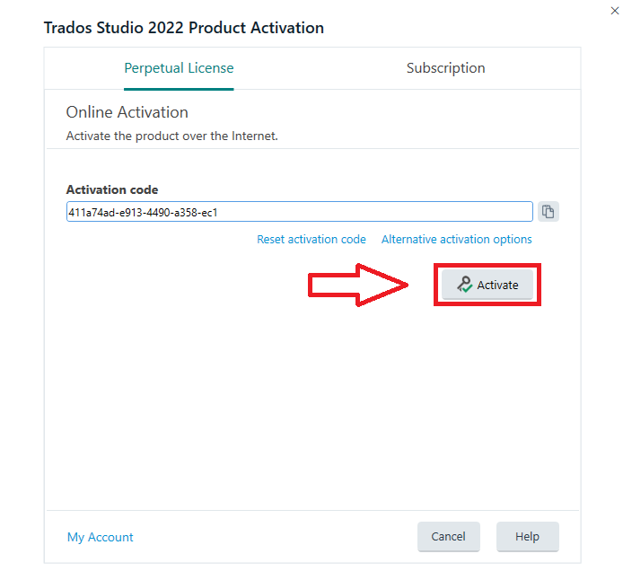 Online activation of a Single User License for Trados Studio 2022 and older