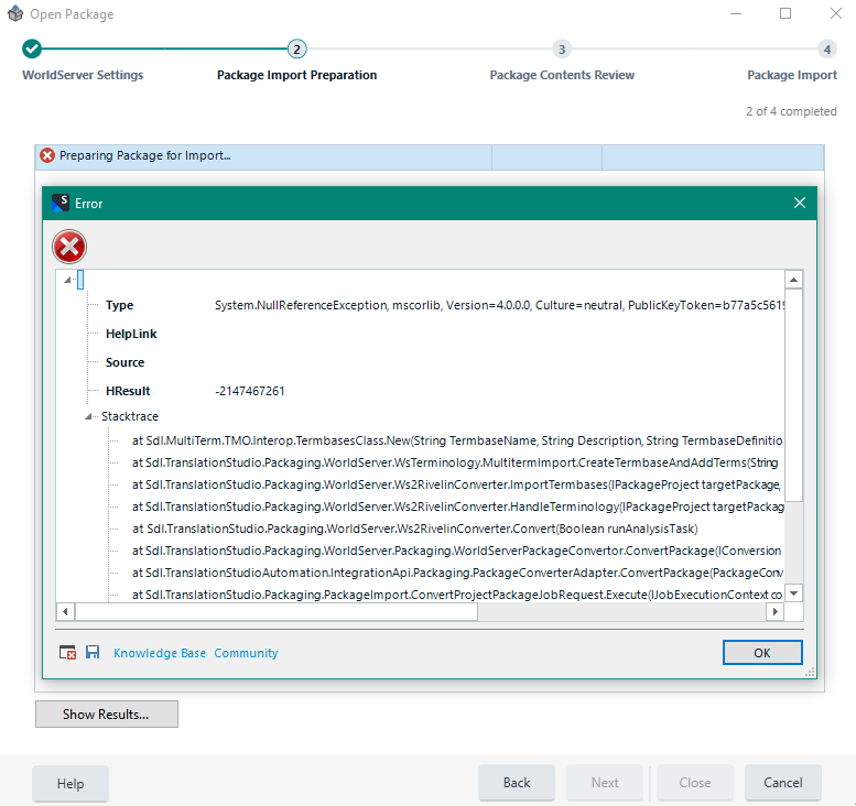 Importing a WSXZ package in Trados Studio gives a blank error 