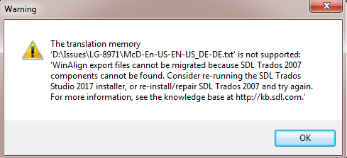 Warning Message While Trying To Upgrade A Translation Memory Txt File In Sdl Trados Studio